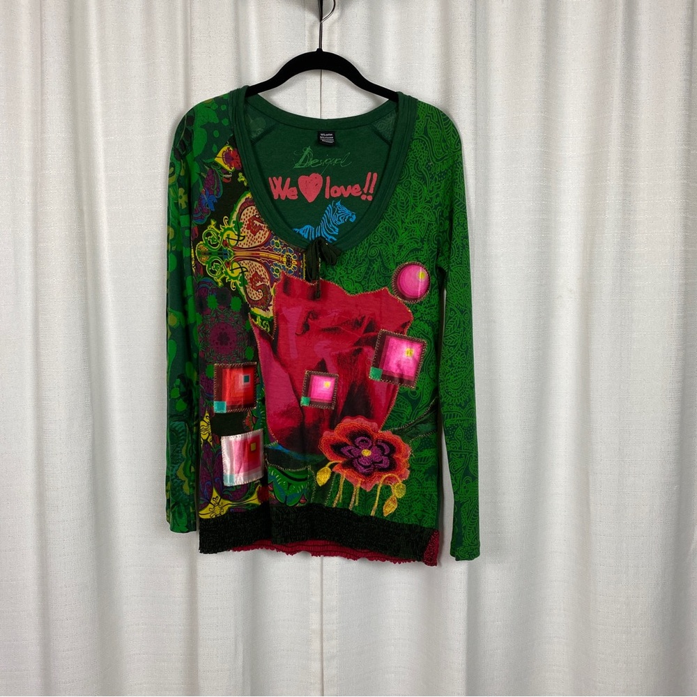 Desigual Green Embroidered Long Sleeve Blouse Sz.L